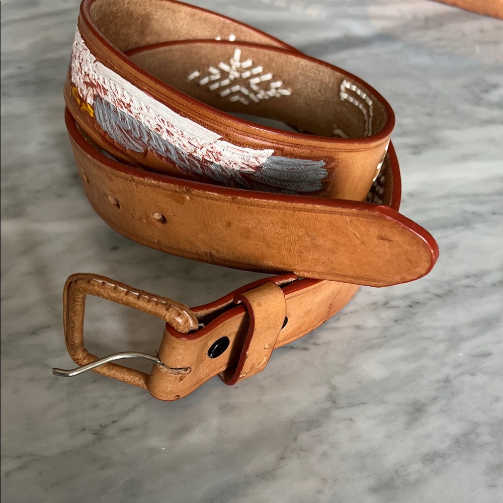 Coolest Western Vintage tooled Tan Leather Belt size 36 embossed eagle on back